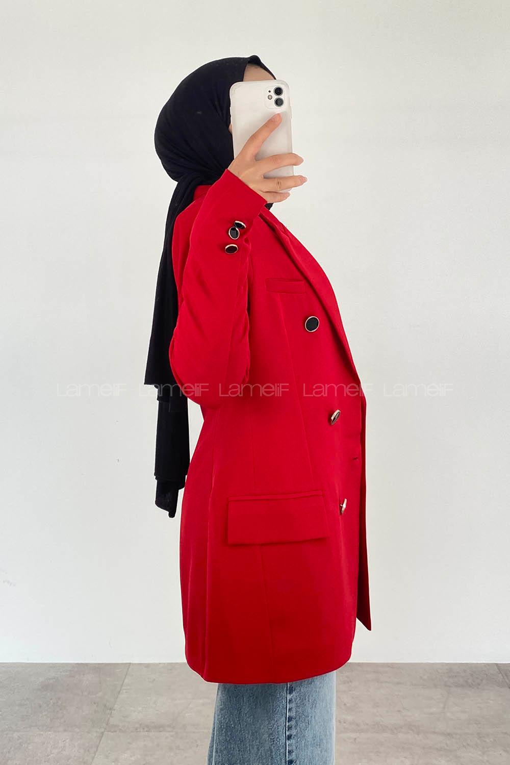 Red Shirt Collar Long Arm Cotton Fabric Jacket