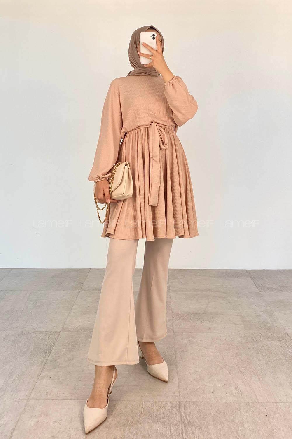 Beige Crew Neck Cotton Fabric Unprinted Tunic