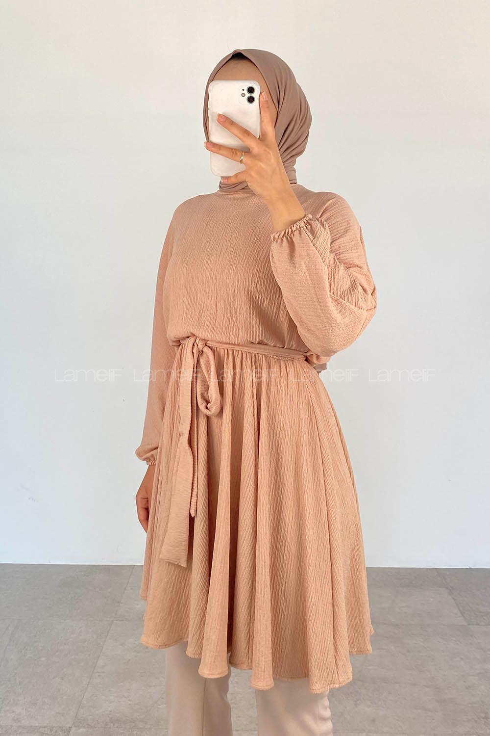 Beige Crew Neck Cotton Fabric Unprinted Tunic