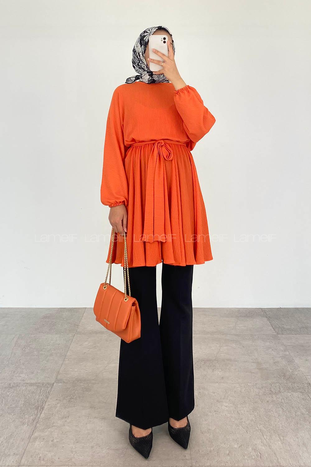 Orange Crew Neck Cotton Fabric Unprinted Tunic