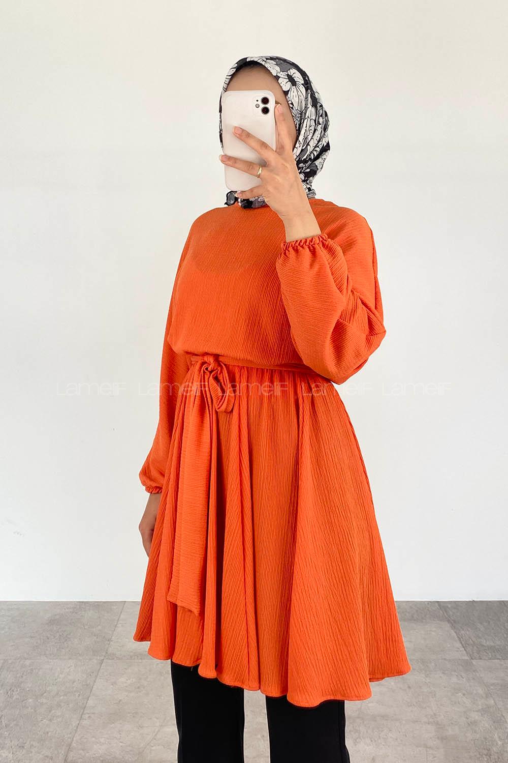 Orange Crew Neck Cotton Fabric Unprinted Tunic