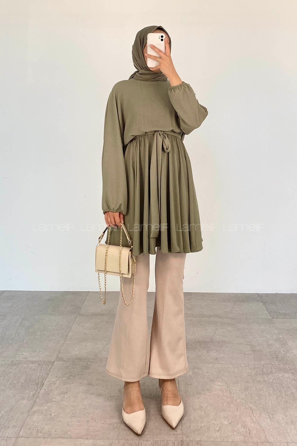 Green Crew Neck Cotton Fabric Unprinted Tunic