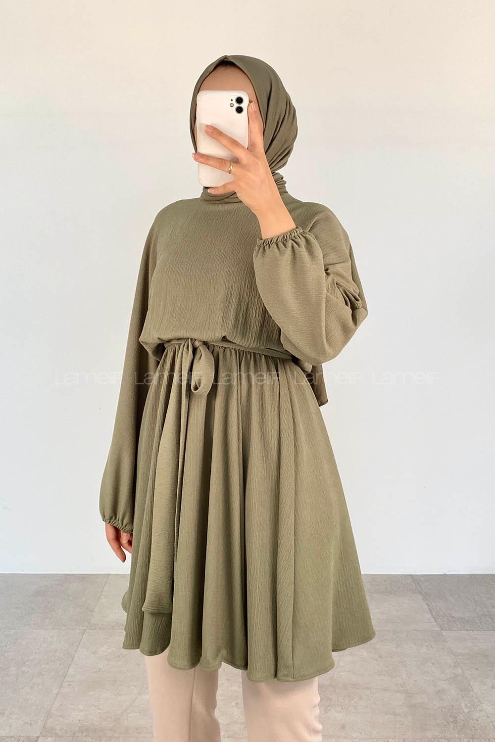 Green Crew Neck Cotton Fabric Unprinted Tunic
