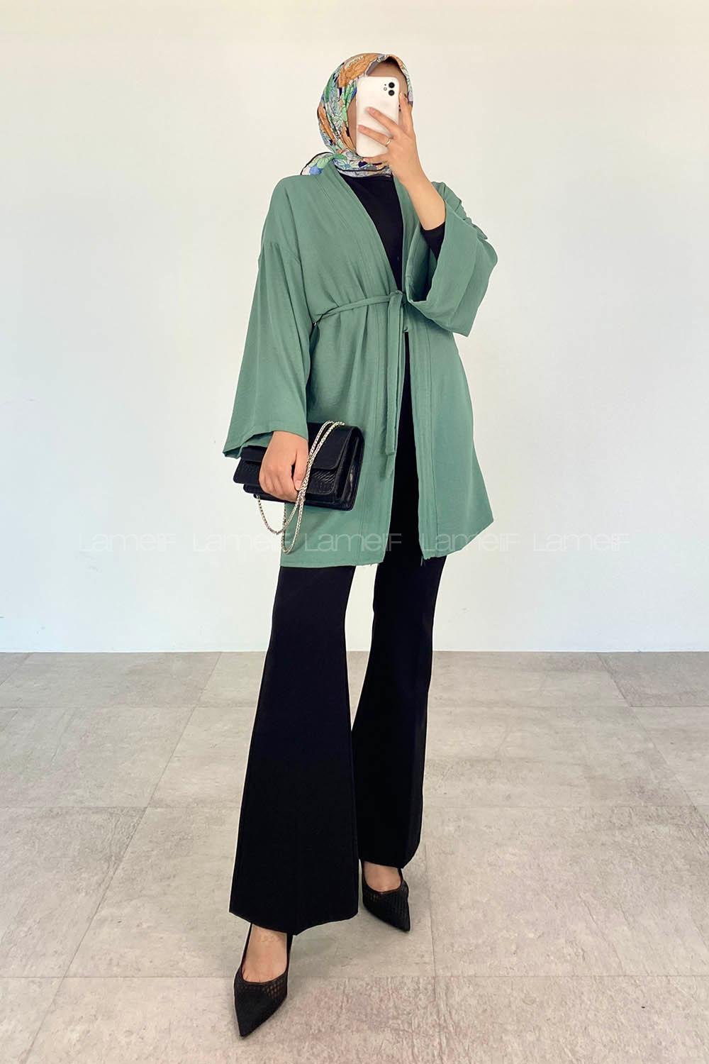 Plum Green Half Arm Arm Belted Ayrobin Straight Kimono