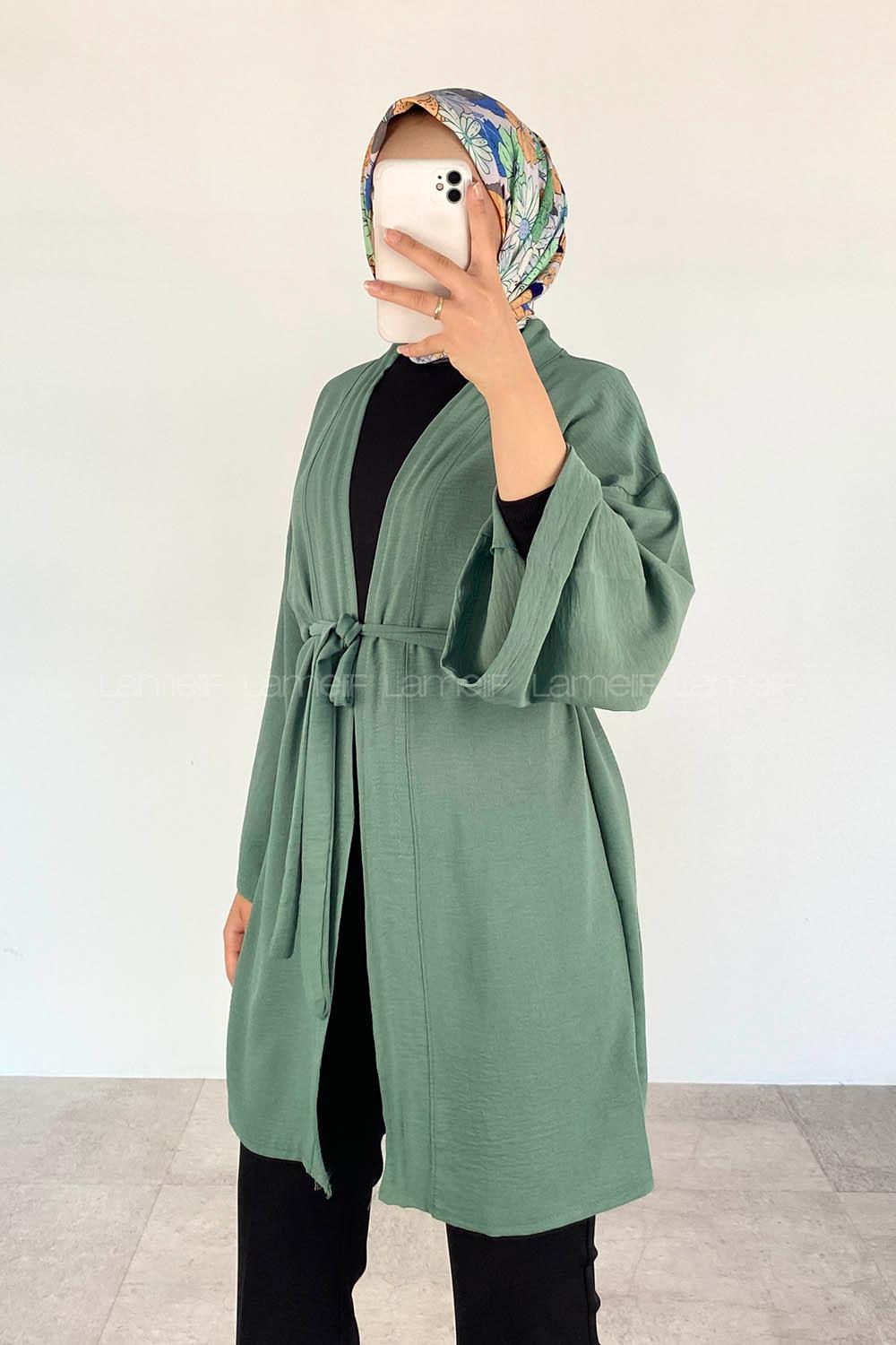 Plum Green Half Arm Arm Belted Ayrobin Straight Kimono