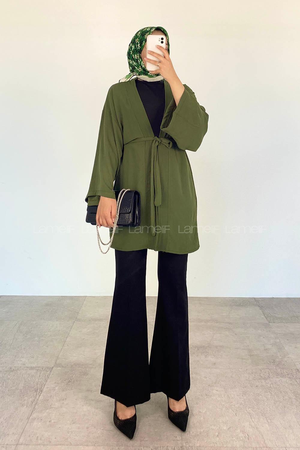 Khaki Half Arm Arm Belted Ayrobin Straight Kimono