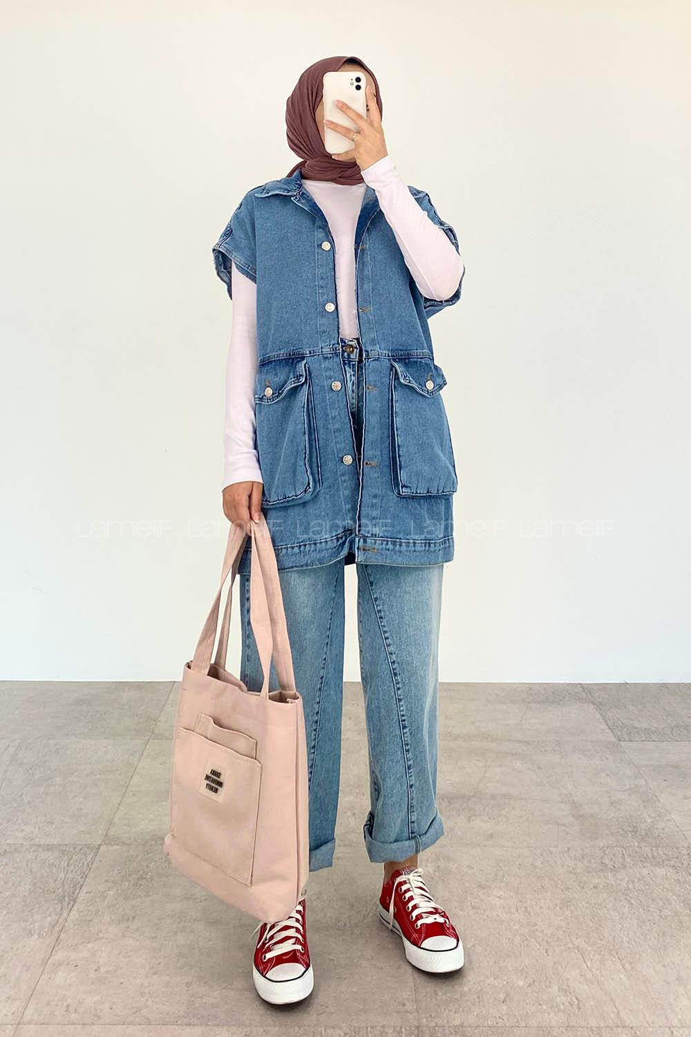 Light Blue Shirt Collar Half Arm Arm Buttoned Denim Unprinted Vest