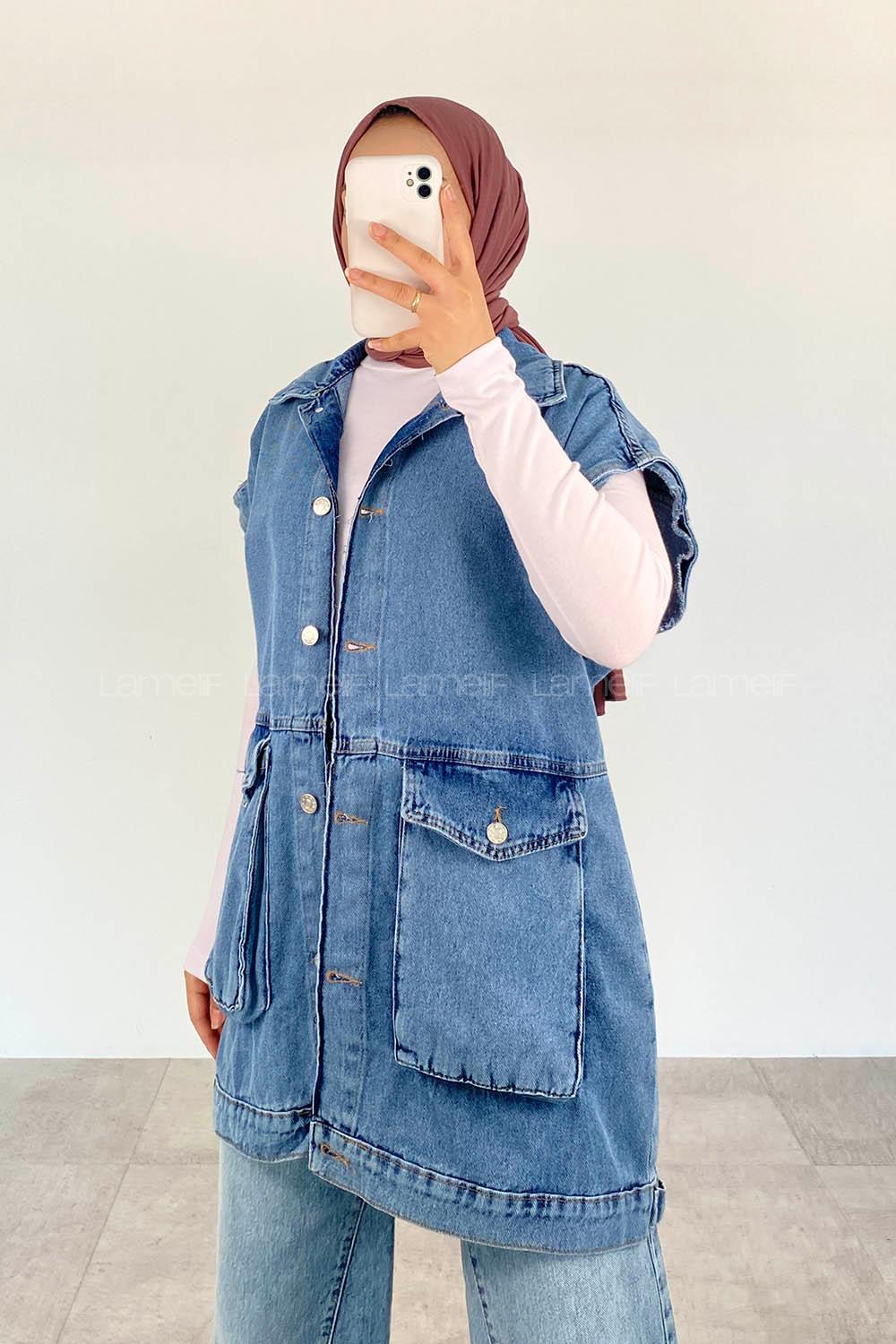 Light Blue Shirt Collar Half Arm Arm Buttoned Denim Unprinted Vest