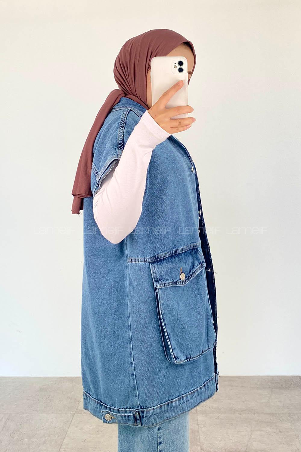 Light Blue Shirt Collar Half Arm Arm Buttoned Denim Unprinted Vest