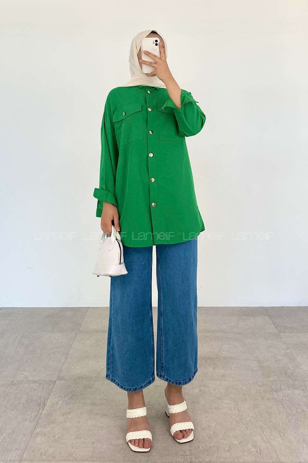 Green-1 Shirt Collar Bat Sleeve Arm Cotton Unprinted Shirt