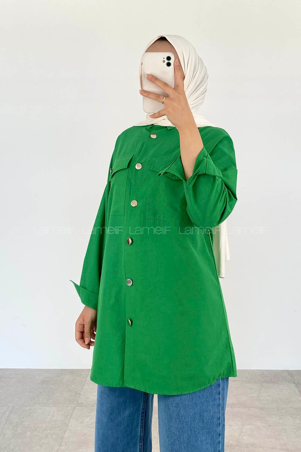 Green-1 Shirt Collar Bat Sleeve Arm Cotton Unprinted Shirt