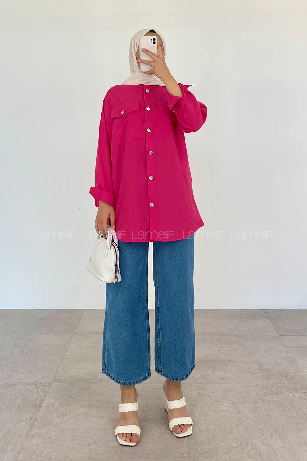 Fuchsia Shirt Collar Bat Sleeve Arm Cotton Unprinted Shirt
