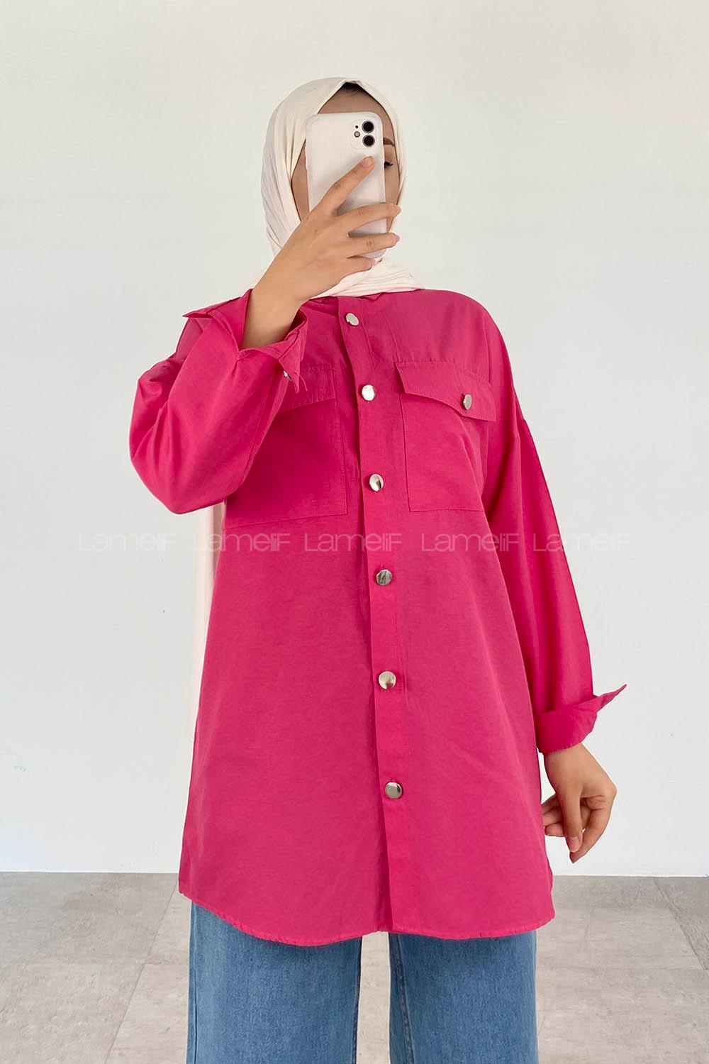 Fuchsia Shirt Collar Bat Sleeve Arm Cotton Unprinted Shirt