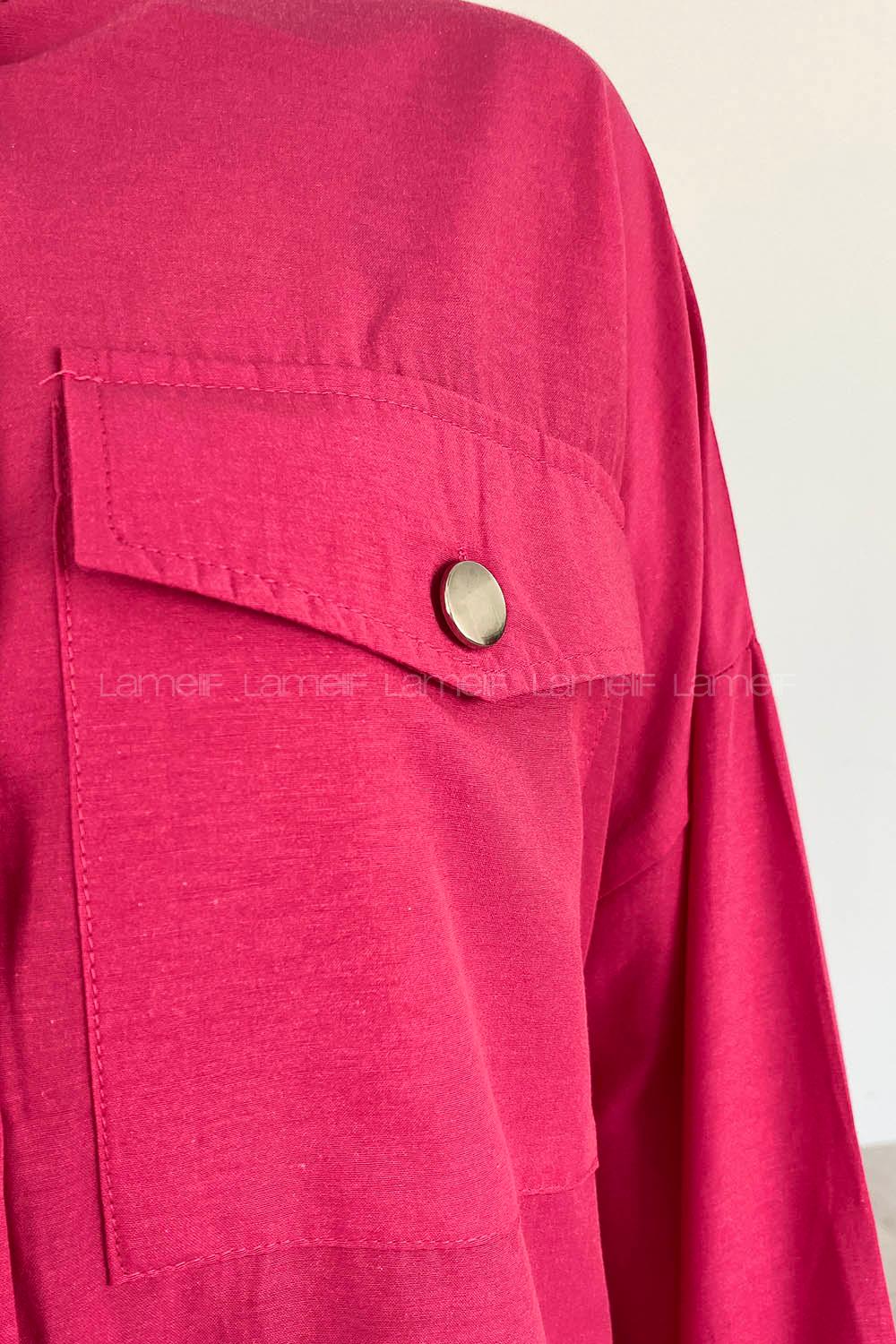 Fuchsia Shirt Collar Bat Sleeve Arm Cotton Unprinted Shirt