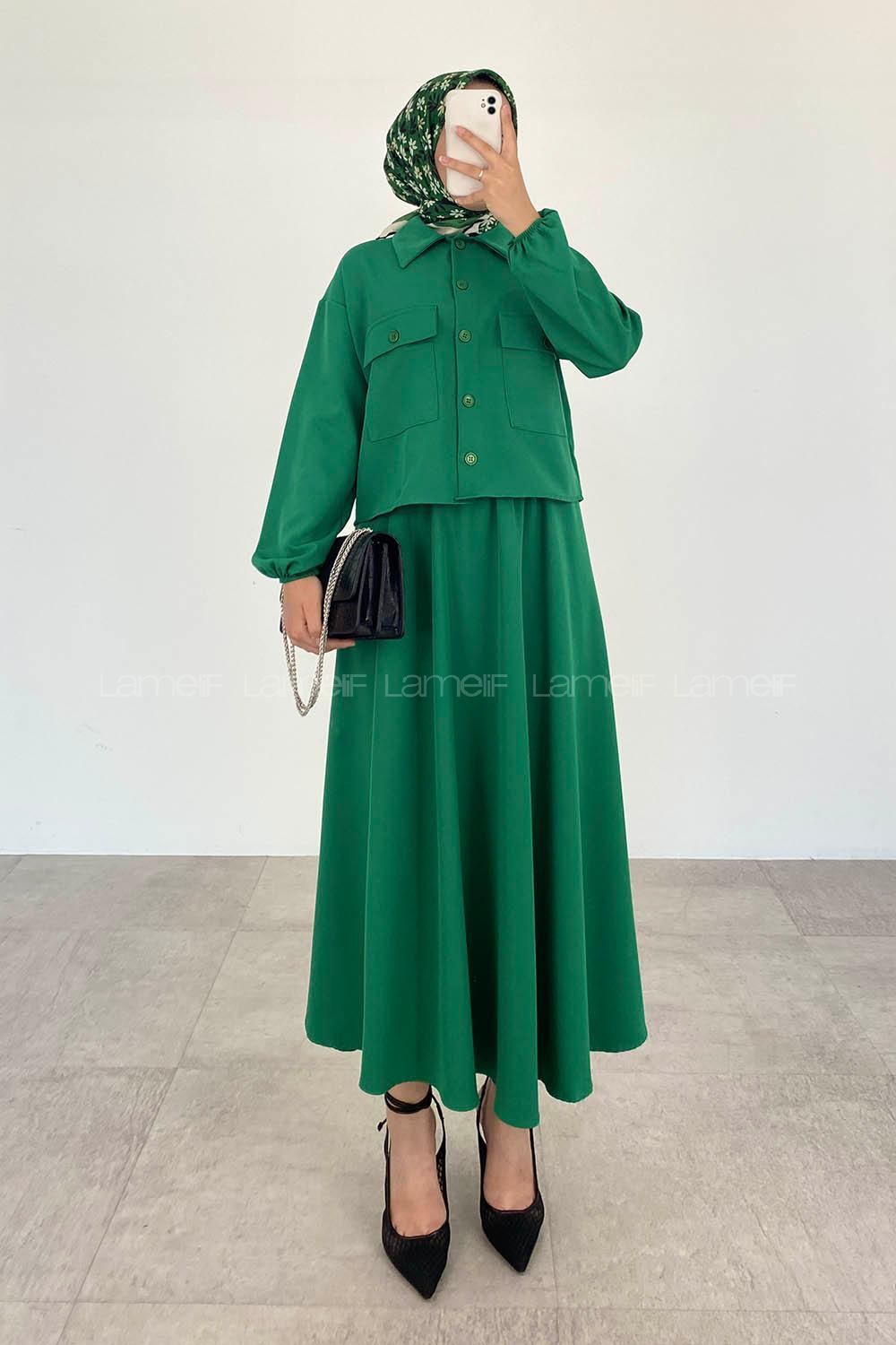 Emerald Green Shirt Collar Long Arm Buttoned Cotton Suit