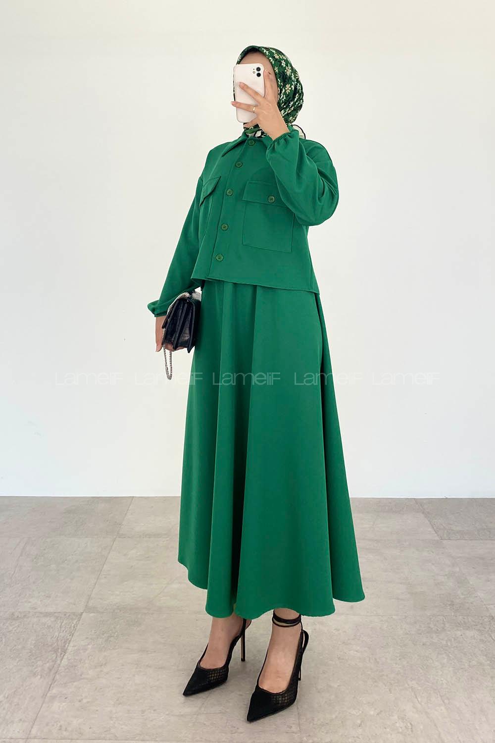 Emerald Green Shirt Collar Long Arm Buttoned Cotton Suit