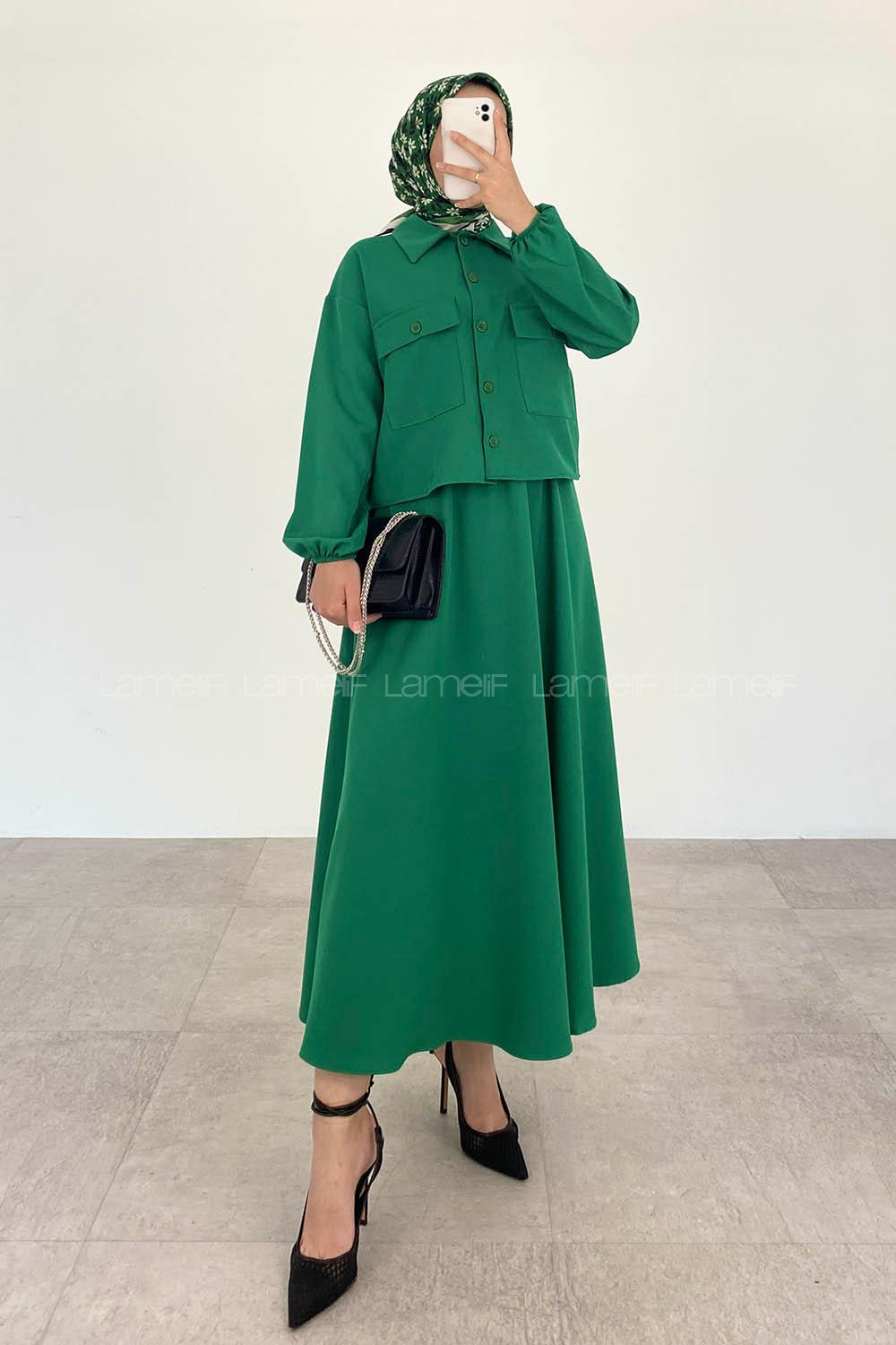 Emerald Green Shirt Collar Long Arm Buttoned Cotton Suit