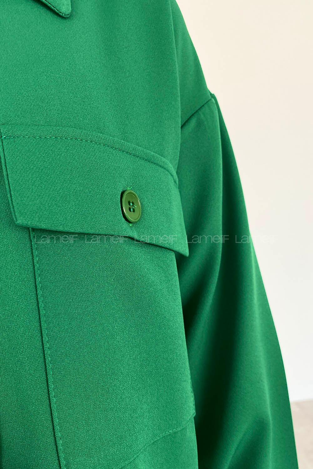 Emerald Green Shirt Collar Long Arm Buttoned Cotton Suit