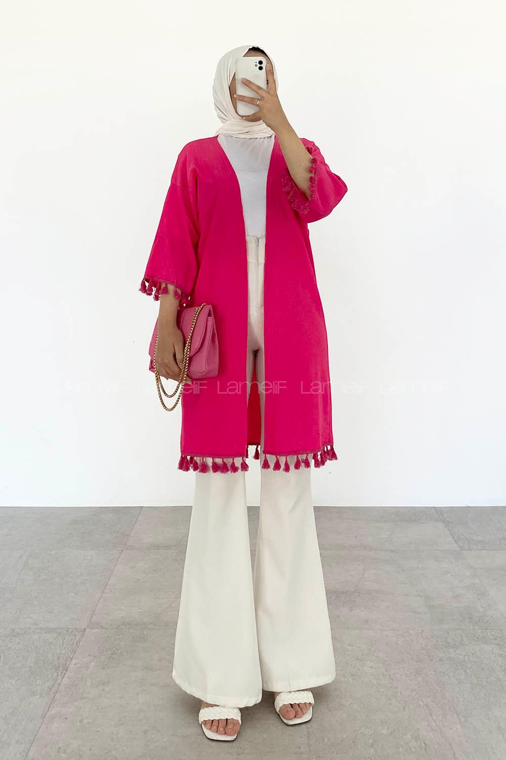 Pink Bat Sleeve Arm Without Accessories Cotton Fabric Striped Kimono