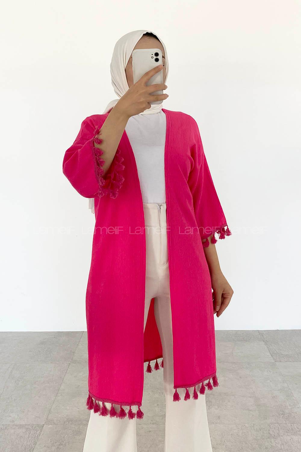 Pink Bat Sleeve Arm Without Accessories Cotton Fabric Striped Kimono