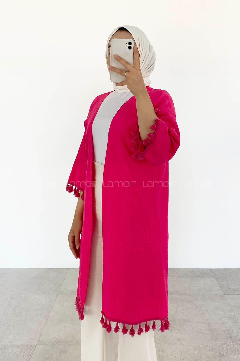 Pink Bat Sleeve Arm Without Accessories Cotton Fabric Striped Kimono