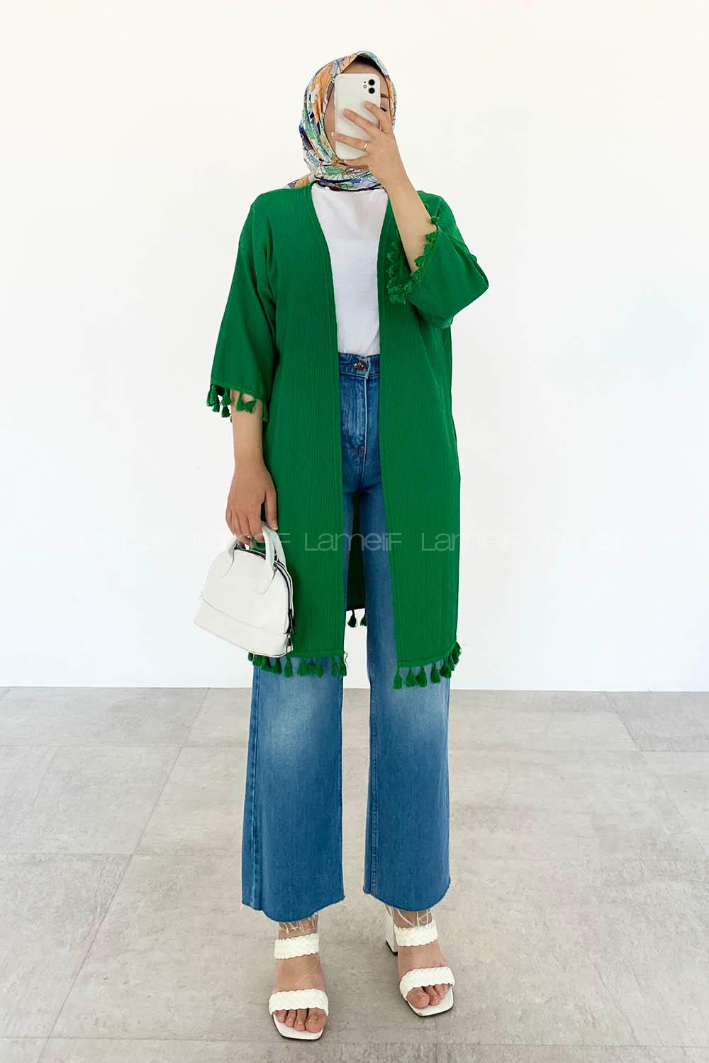 Green Bat Sleeve Arm Without Accessories Cotton Fabric Striped Kimono