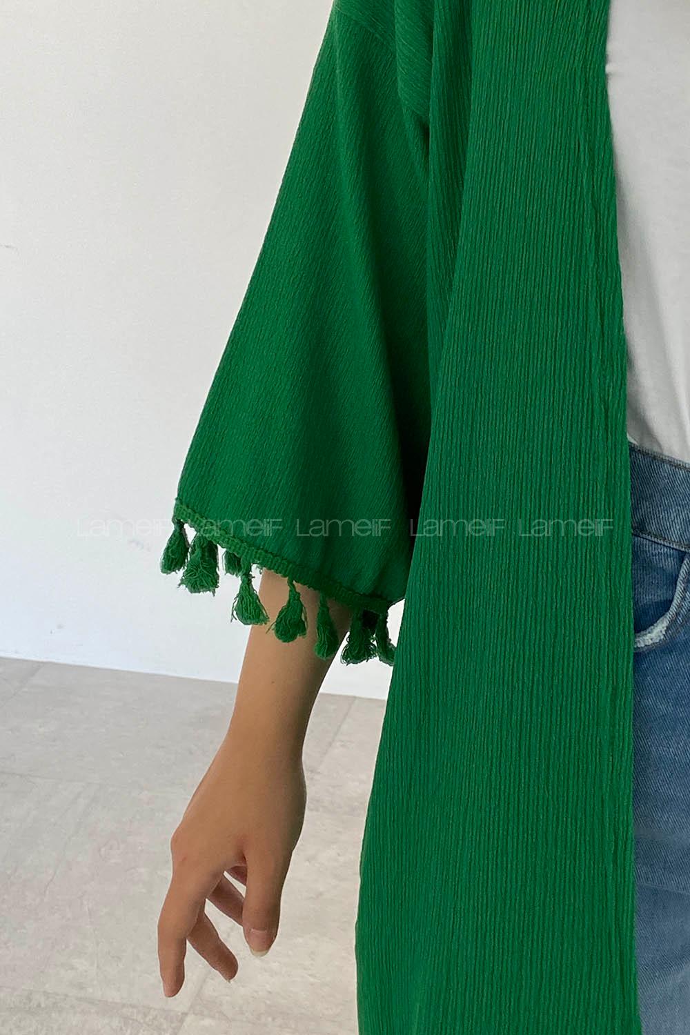 Green Bat Sleeve Arm Without Accessories Cotton Fabric Striped Kimono