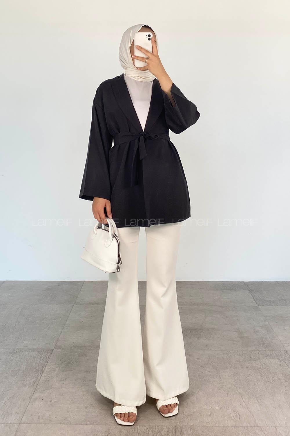 Black Long Arm Belted Cotton Straight Kimono