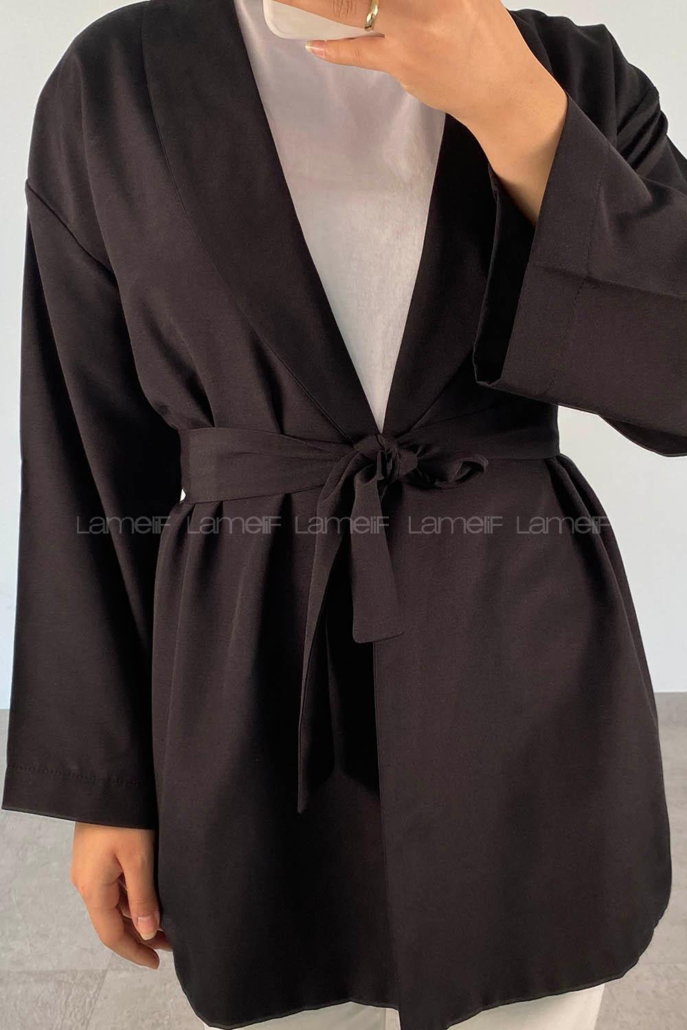 Black Long Arm Belted Cotton Straight Kimono