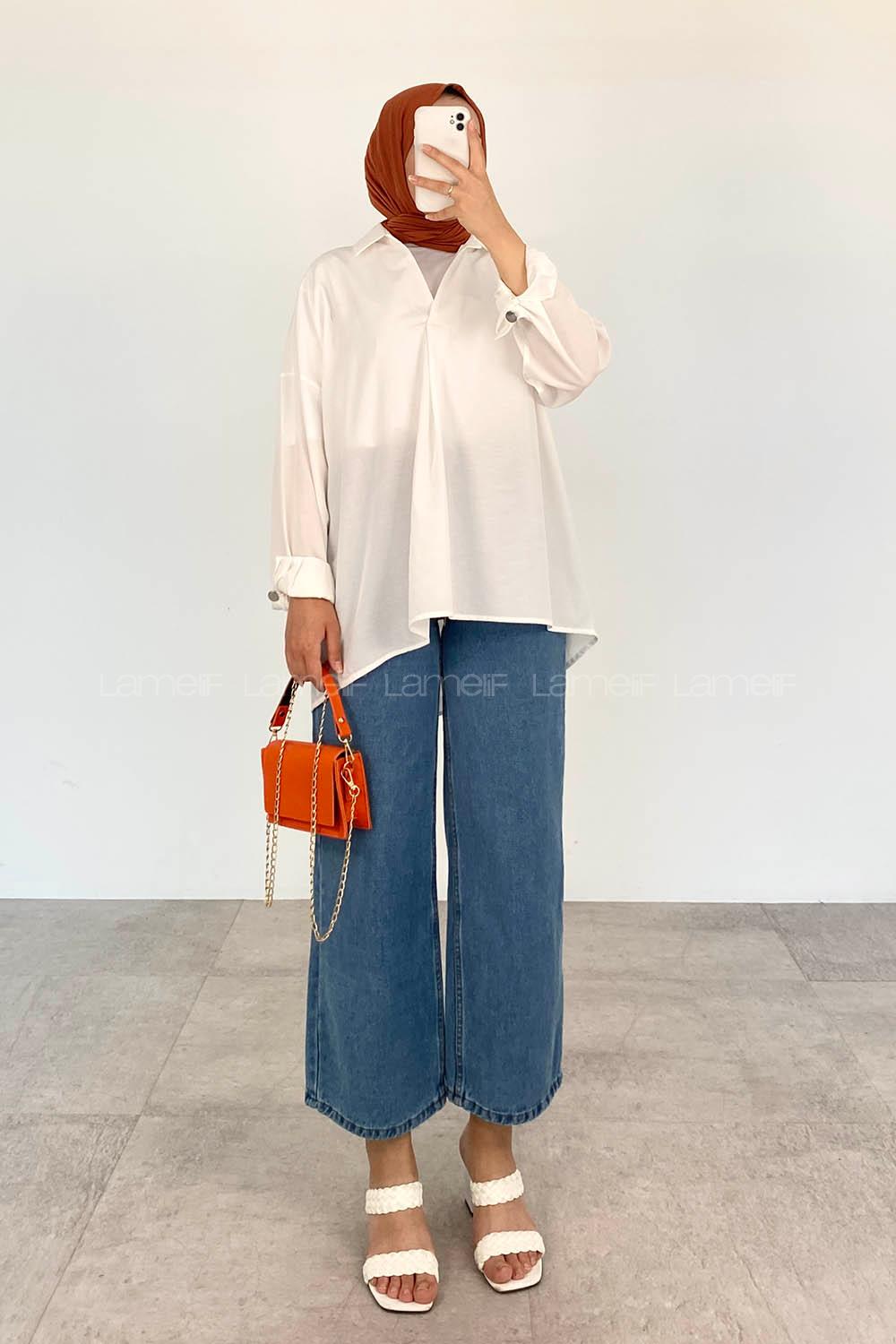 White V Neck Bat Sleeve Arm Cotton Unprinted Shirt