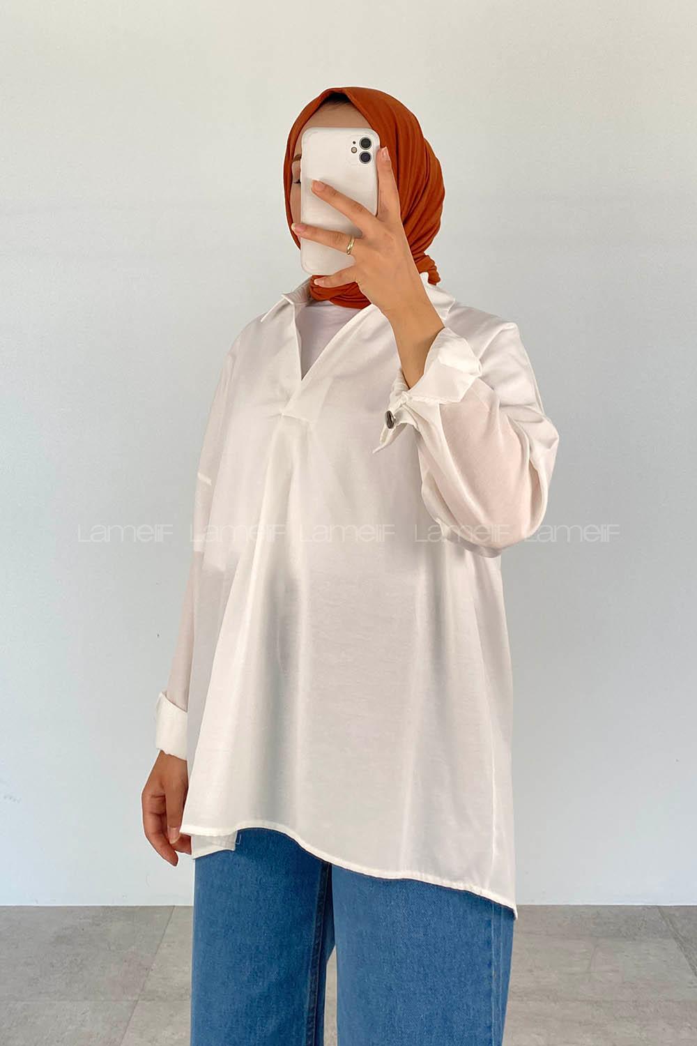 White V Neck Bat Sleeve Arm Cotton Unprinted Shirt