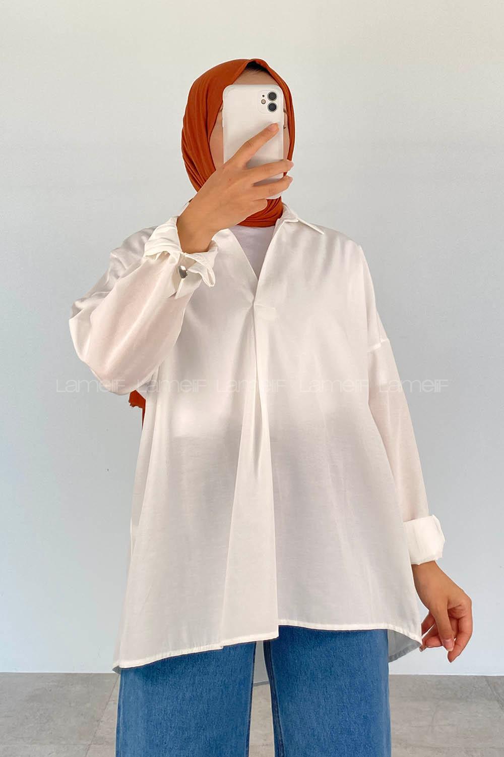 White V Neck Bat Sleeve Arm Cotton Unprinted Shirt