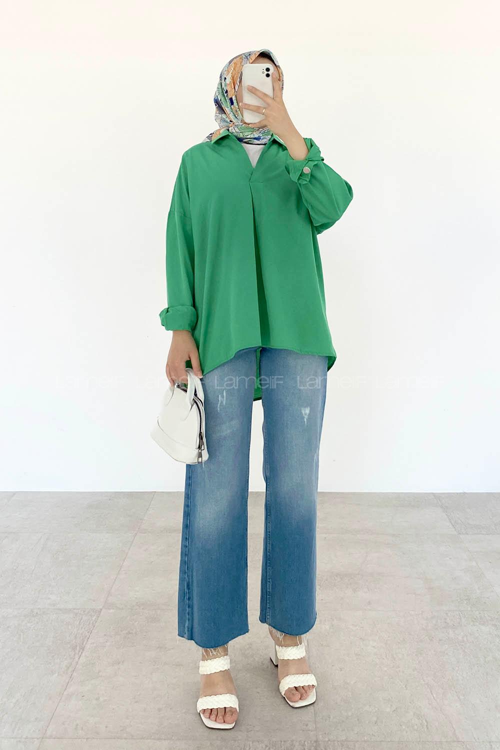 Green V Neck Bat Sleeve Arm Cotton Unprinted Shirt