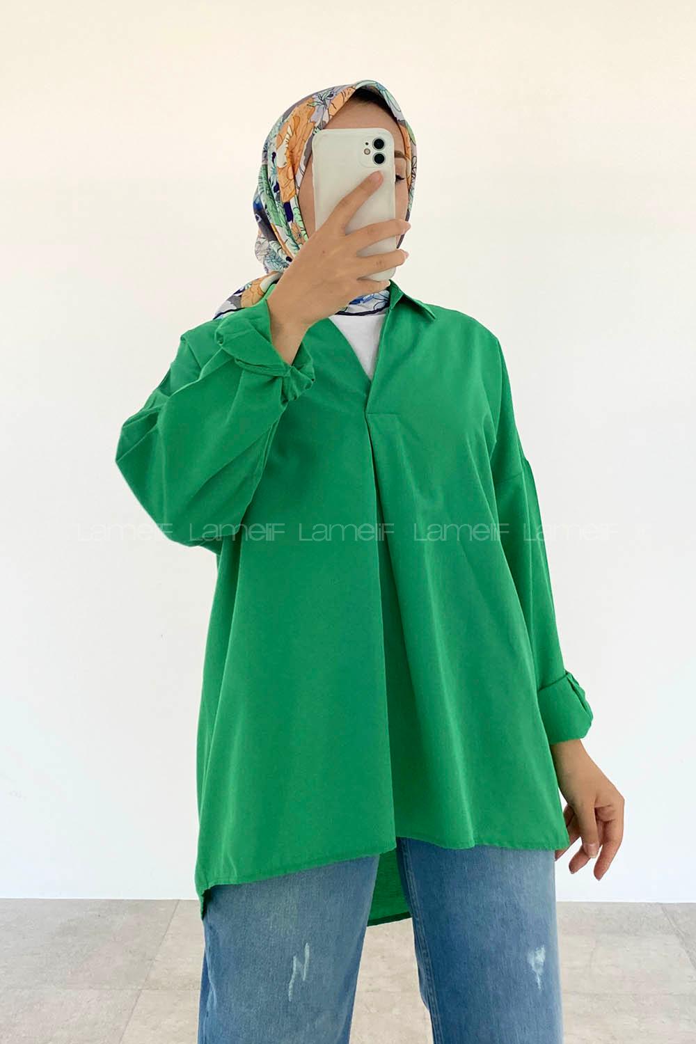 Green V Neck Bat Sleeve Arm Cotton Unprinted Shirt