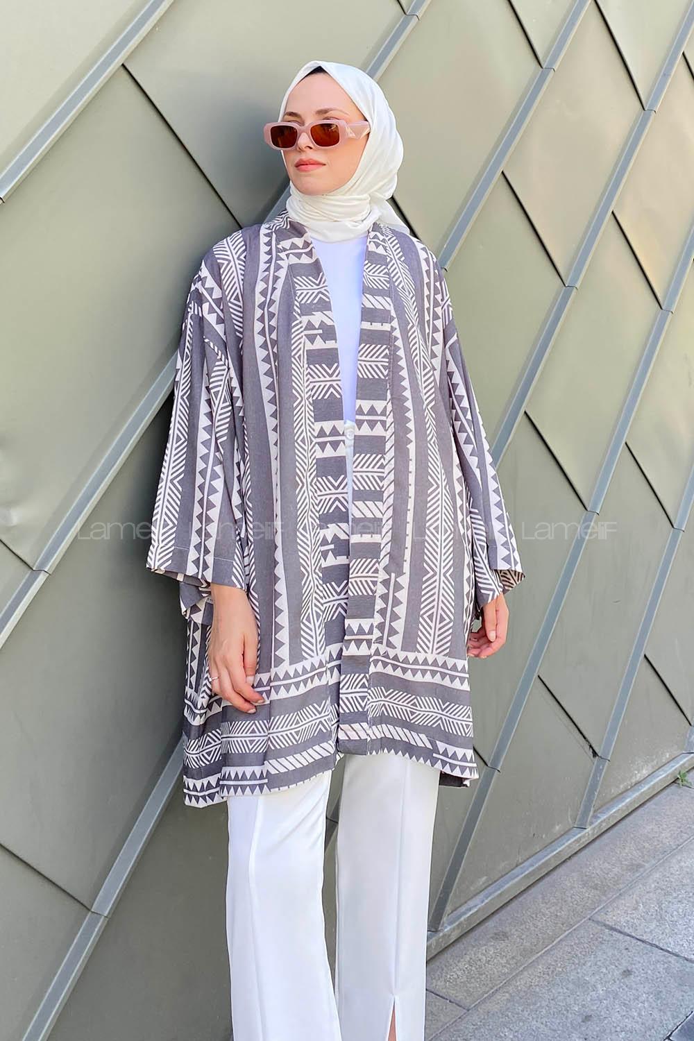 Gray Long Arm Without Accessories Cotton Striped Kimono