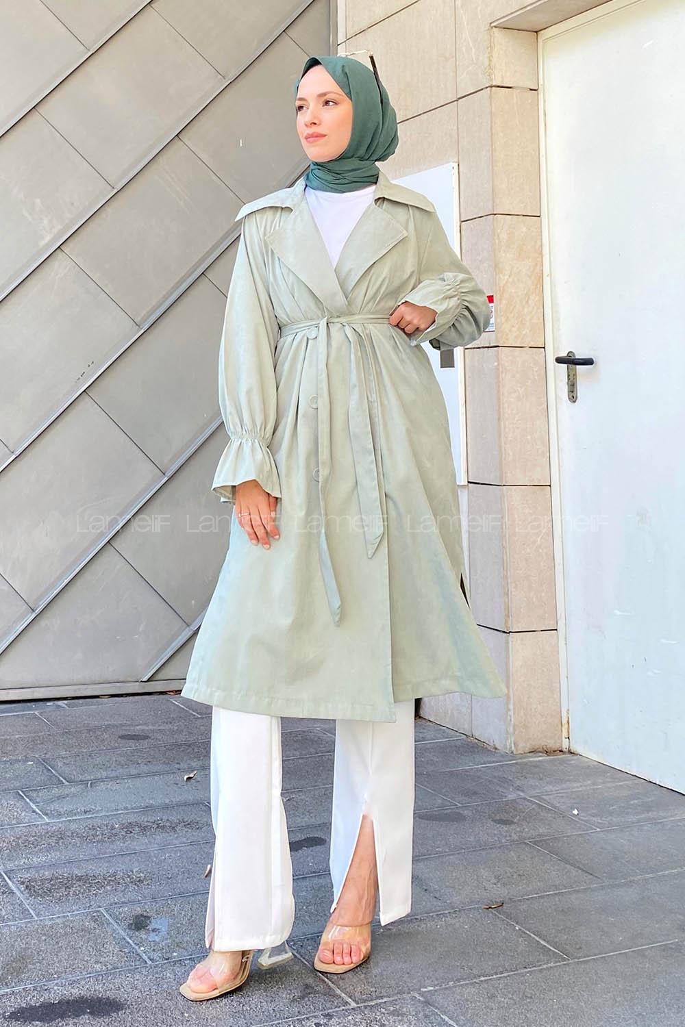 Mint Green Long Arm Belted Cotton Trench Coat