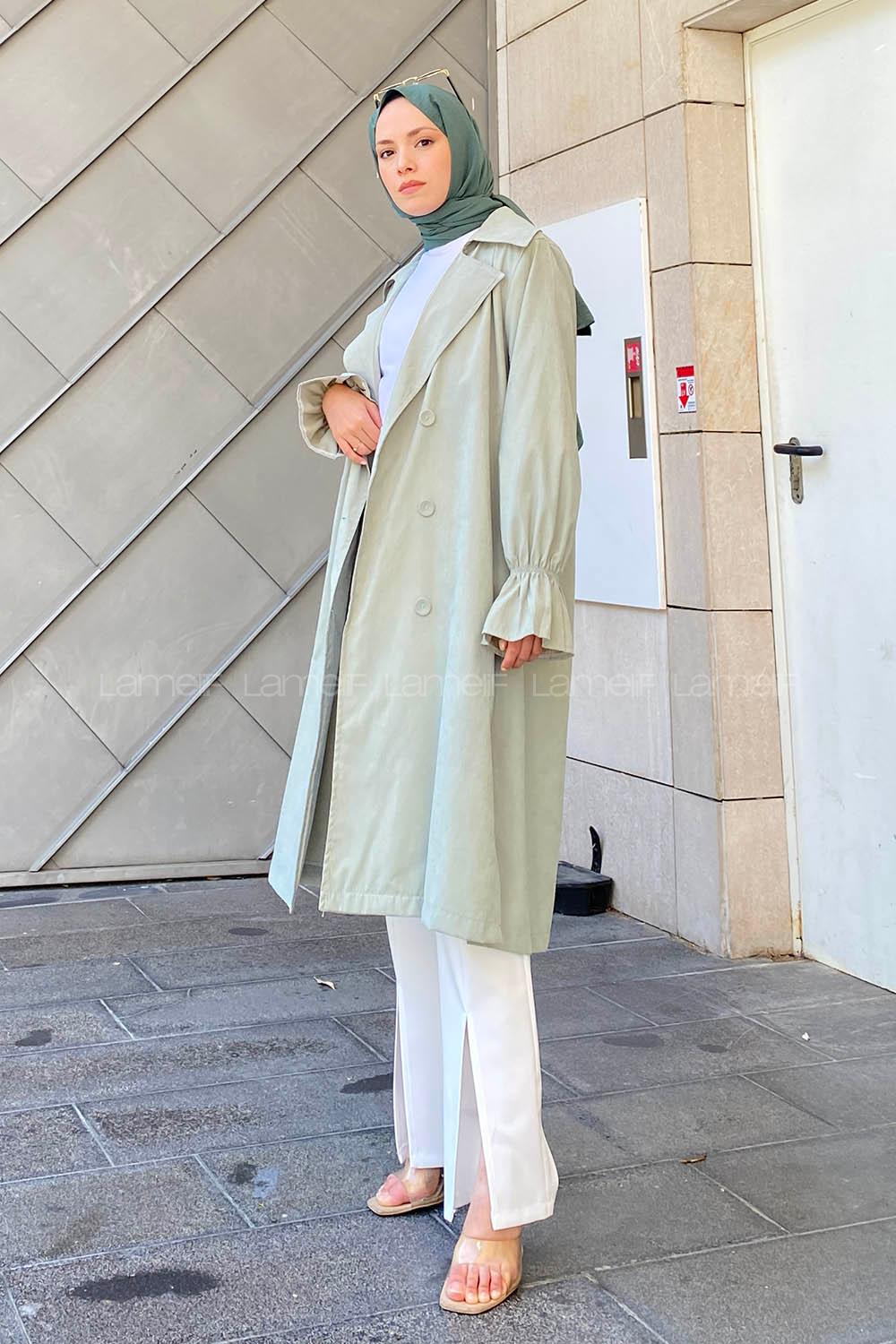 Mint Green Long Arm Belted Cotton Trench Coat