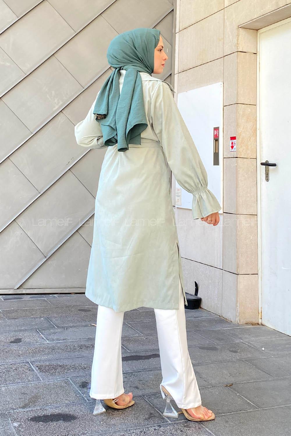 Mint Green Long Arm Belted Cotton Trench Coat