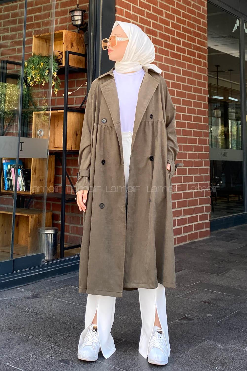 Khaki Long Arm Belted Gabardin Trench Coat