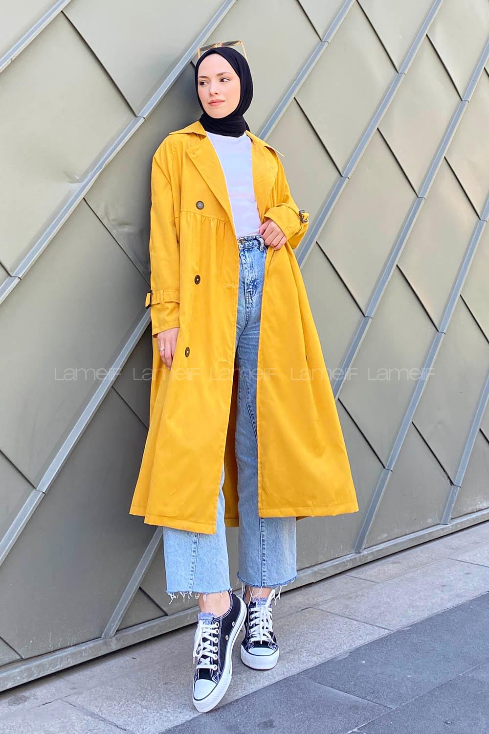 Ocher Long Arm Belted Gabardin Trench Coat
