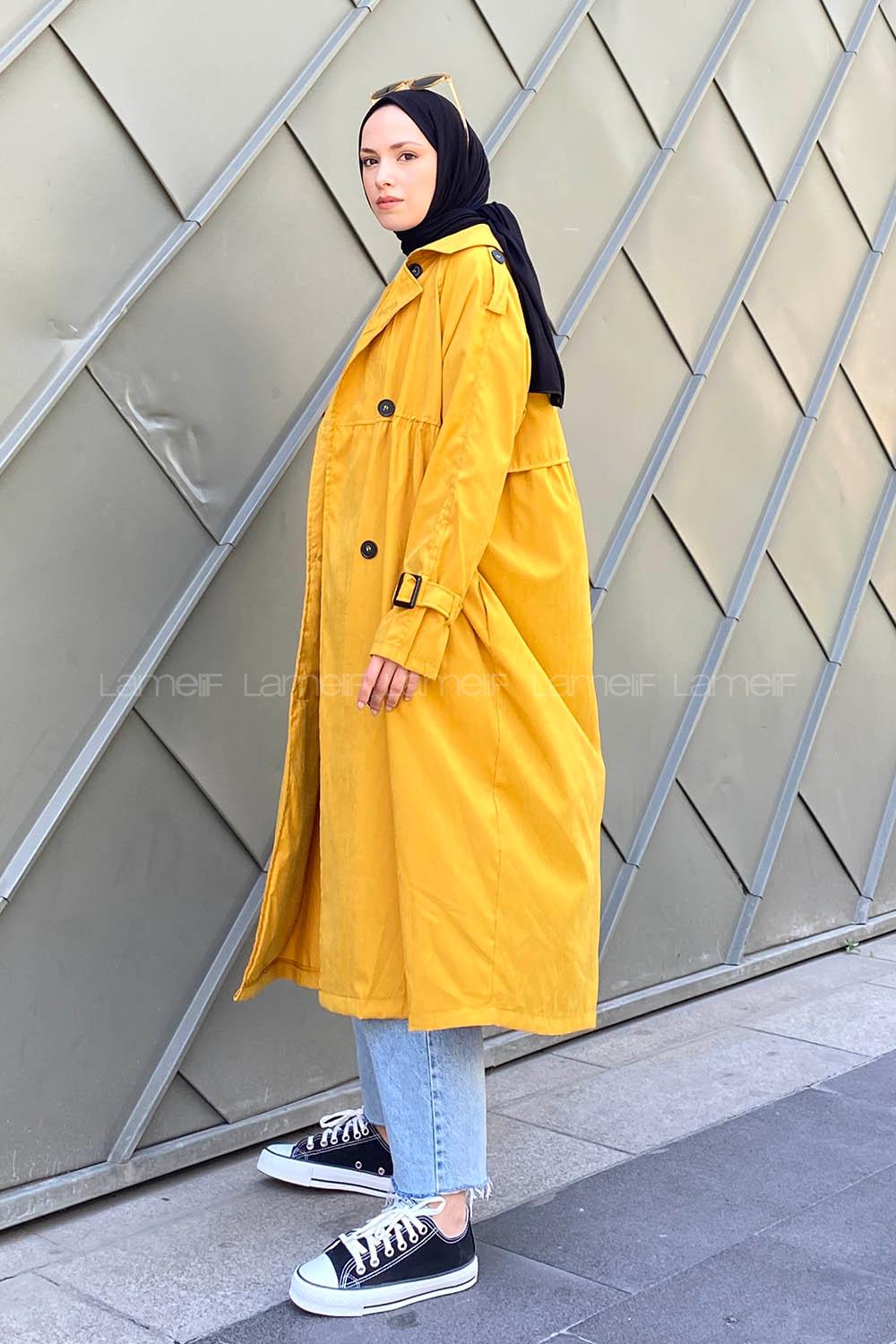 Ocher Long Arm Belted Gabardin Trench Coat