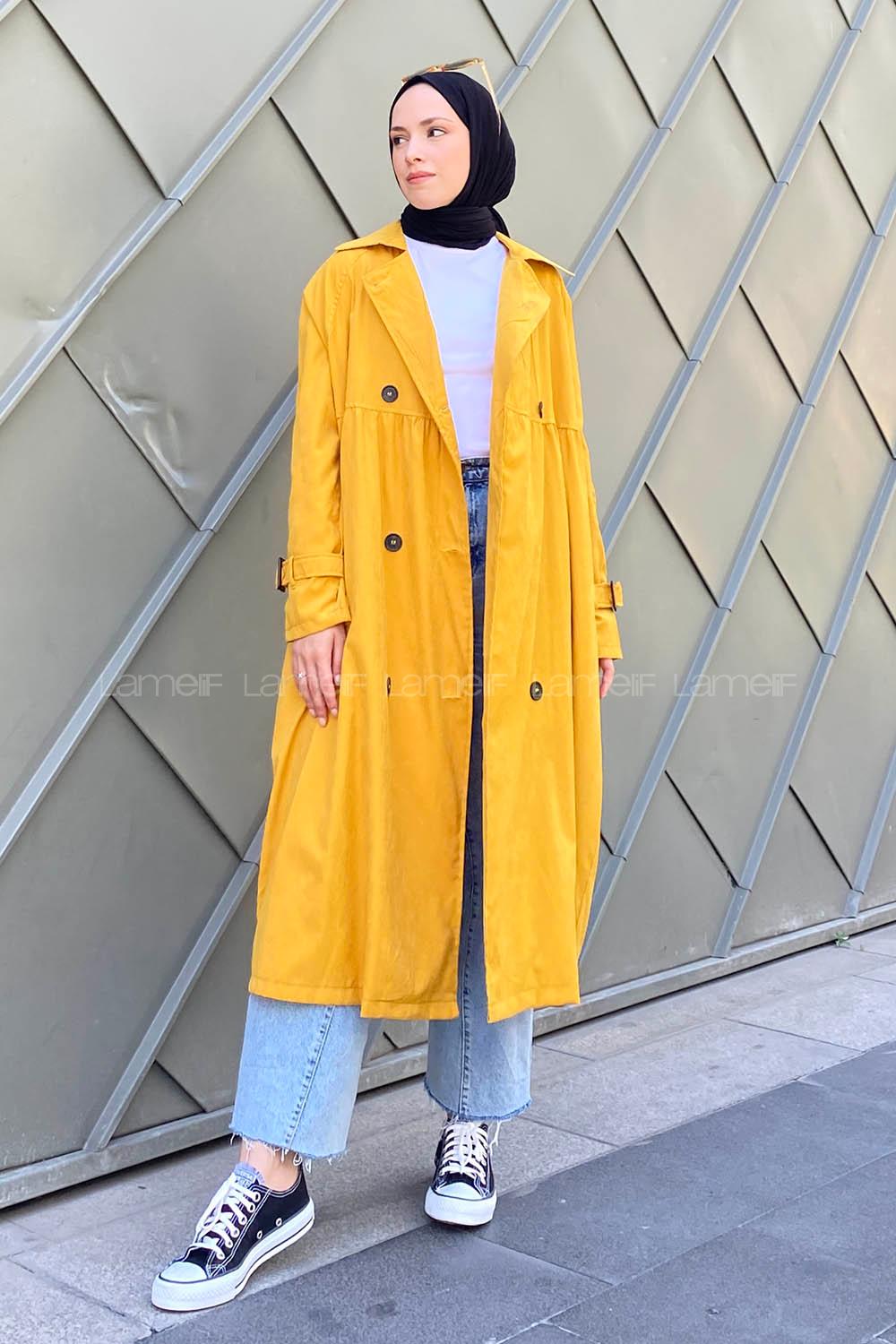 Ocher Long Arm Belted Gabardin Trench Coat