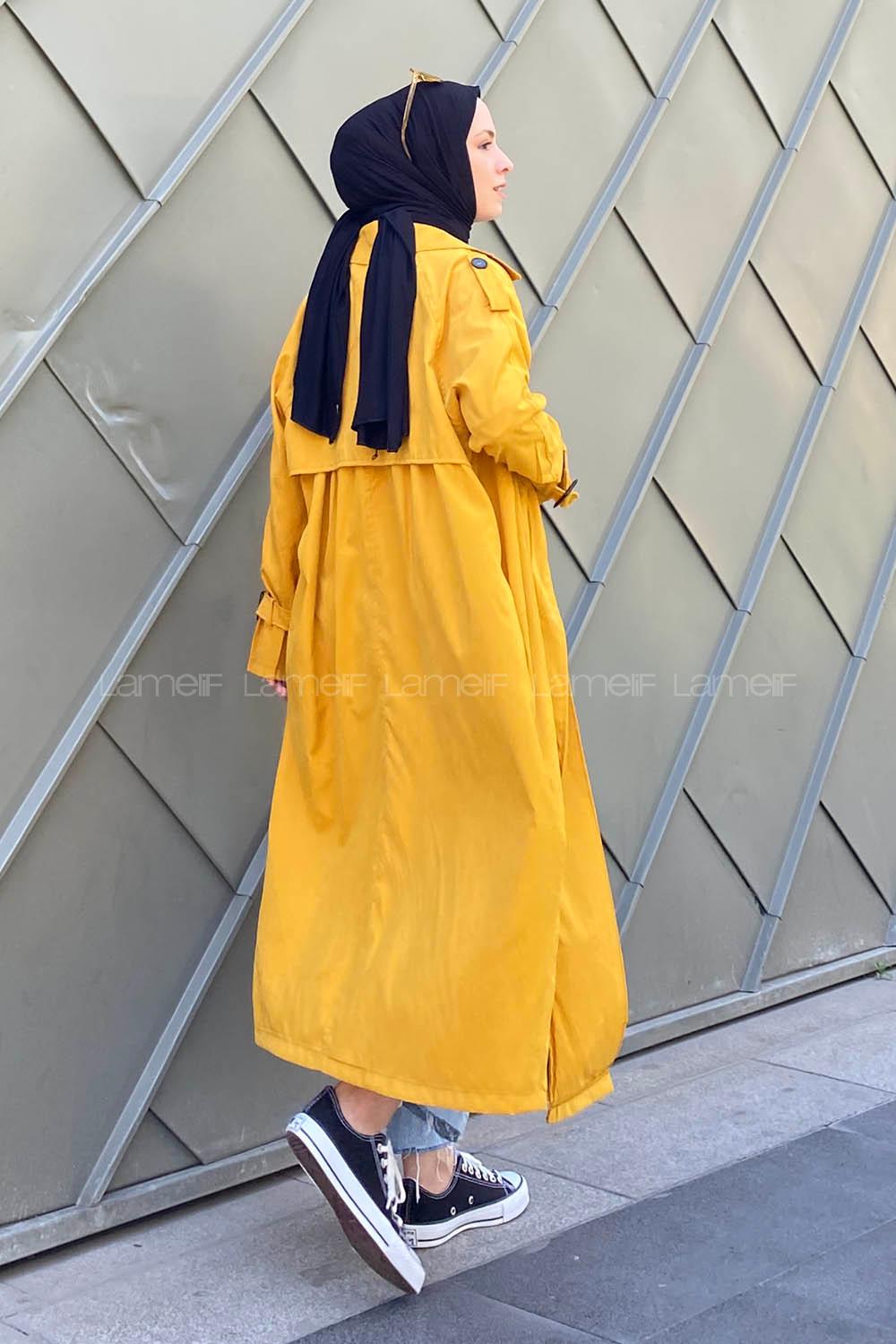 Ocher Long Arm Belted Gabardin Trench Coat