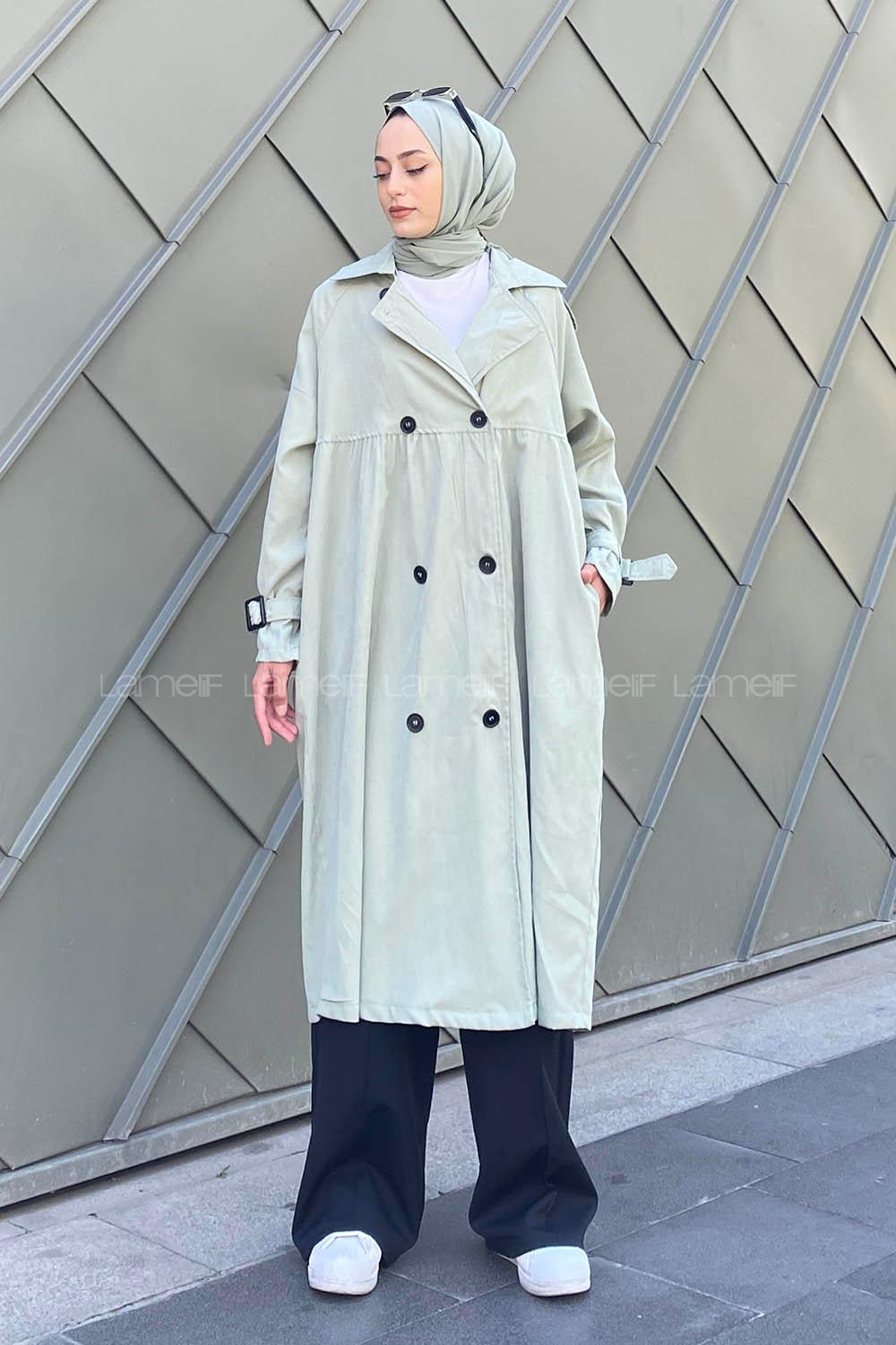 Mint Green Long Arm Belted Gabardin Trench Coat