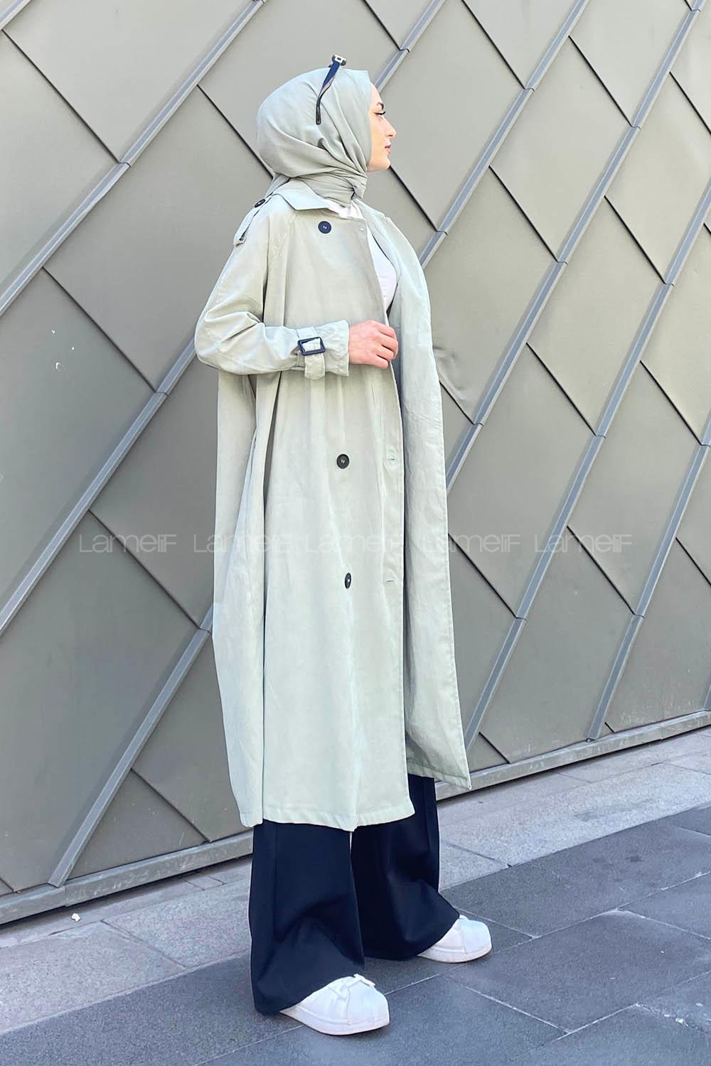 Mint Green Long Arm Belted Gabardin Trench Coat
