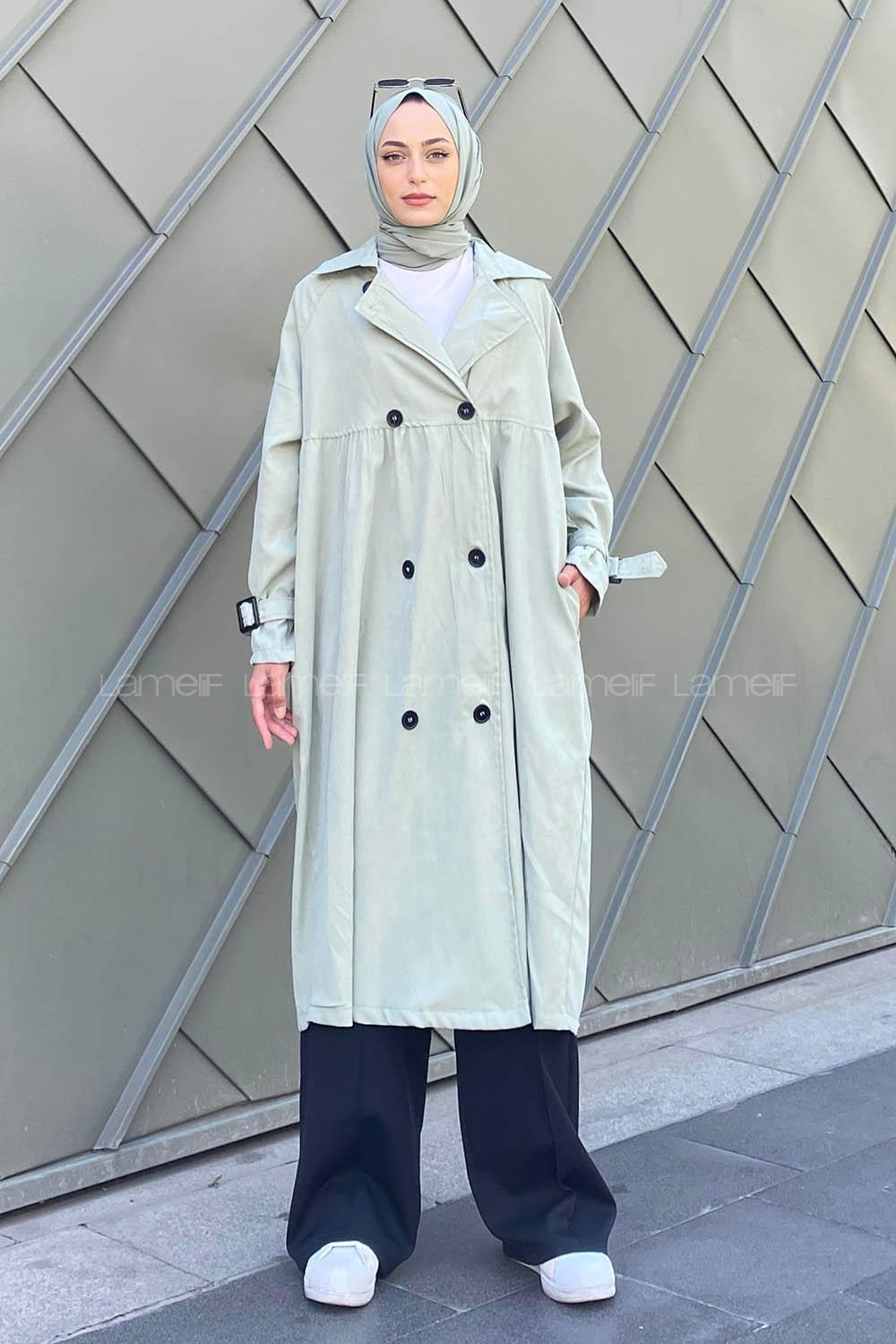 Mint Green Long Arm Belted Gabardin Trench Coat