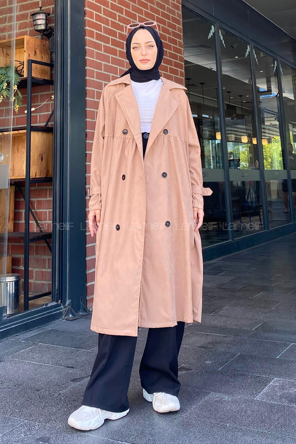 Brown With Milk Long Arm Belted Gabardin Trench Coat