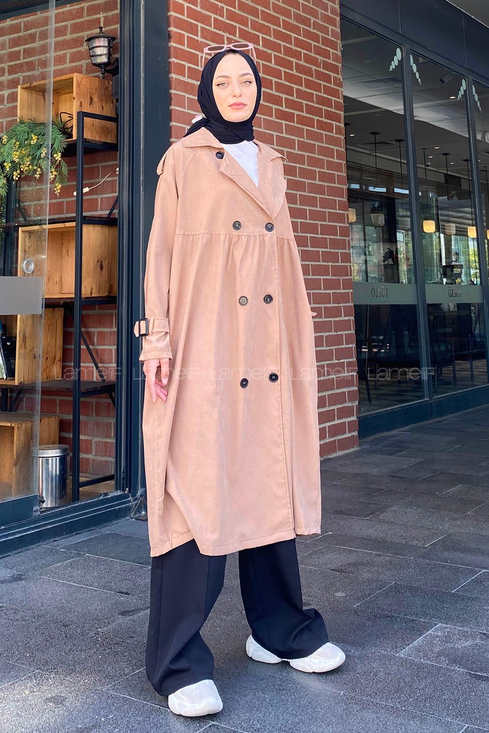 Brown With Milk Long Arm Belted Gabardin Trench Coat