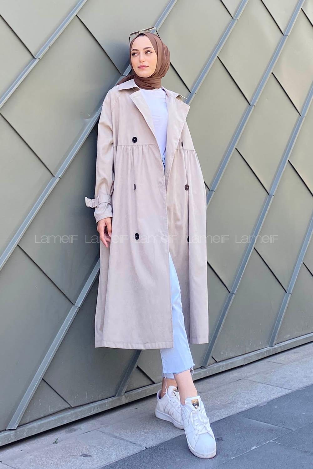 Stone Long Arm Belted Gabardin Trench Coat