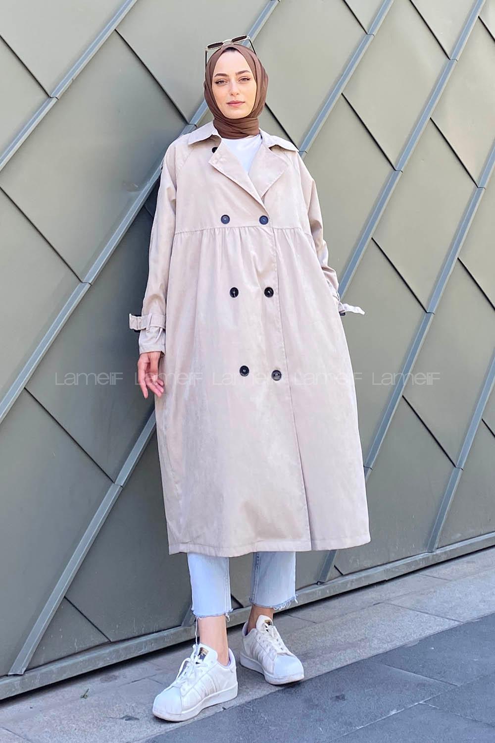 Stone Long Arm Belted Gabardin Trench Coat